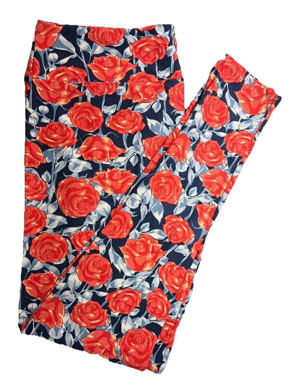New LuLaRoe Red Floral Rose Print Leggings W/ Blue Background Size TC2 (20-26)